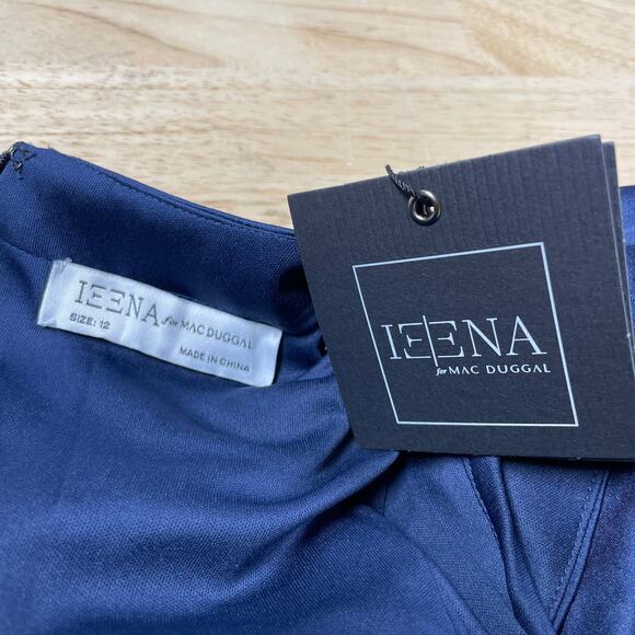 Mac Duggal NWT Satin Cap Sleeve Gown Midnight Blue Size 12 High Neck Back Train - Picture 4 of 8